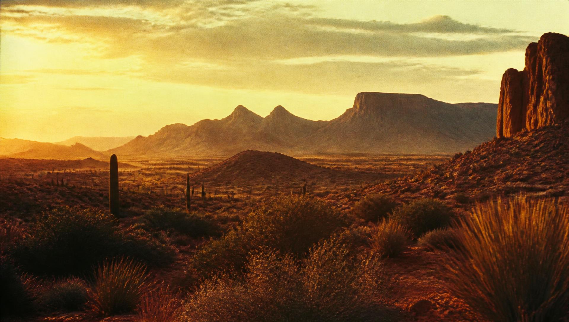 Spaghetti-western desert vista at golden dusk
